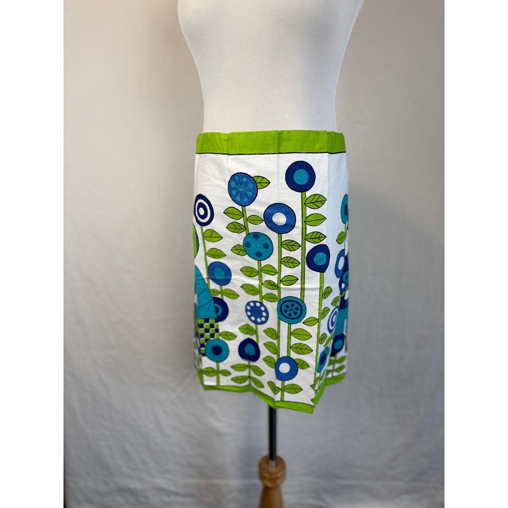 Vintage‎ MCM Folk Art Apron Blue White Green Graphic Print Reto Scandinavian